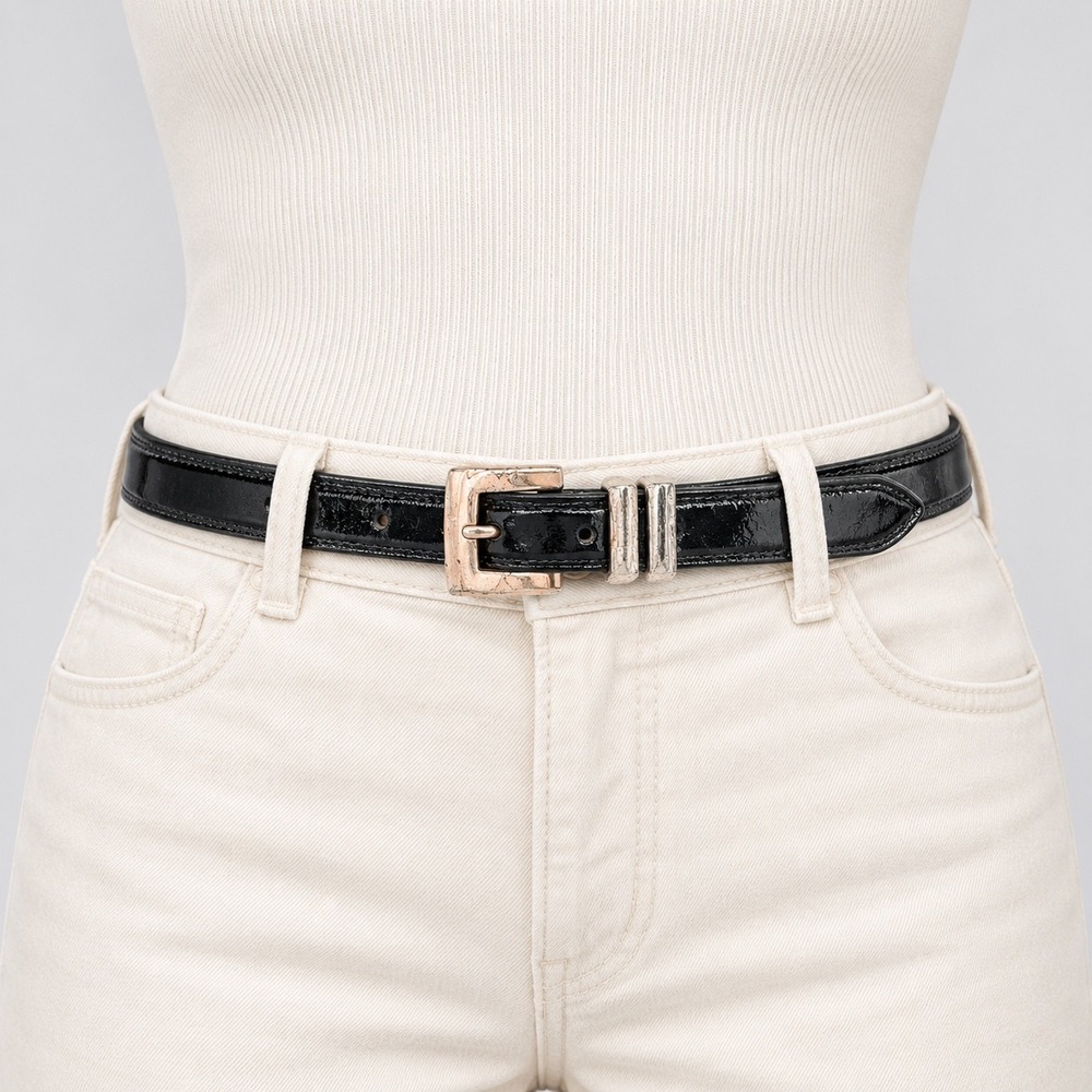 Brighton Skinny Belt Size S Black Patent Leather Classic Silver Rose Gold Dressy
